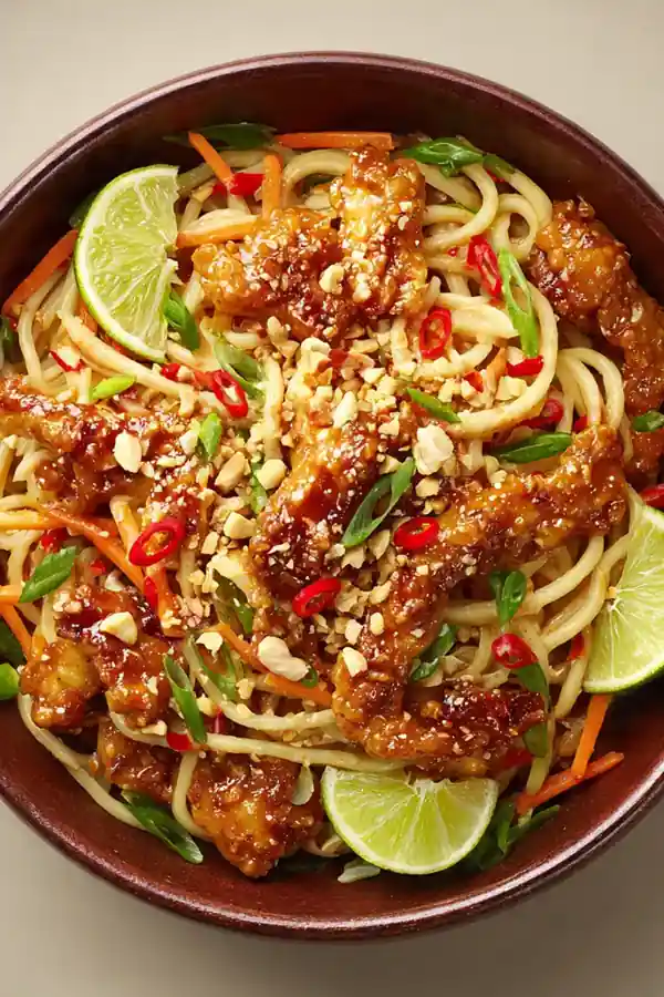 Honey-Glazed Spicy Peanut Chicken Noodles