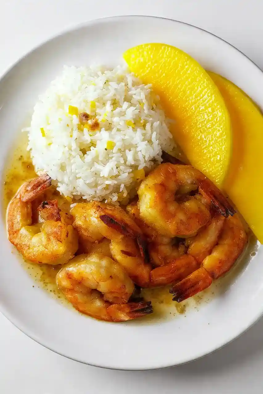 Lemon Garlic Shrimp with Coconut Rice and Mango