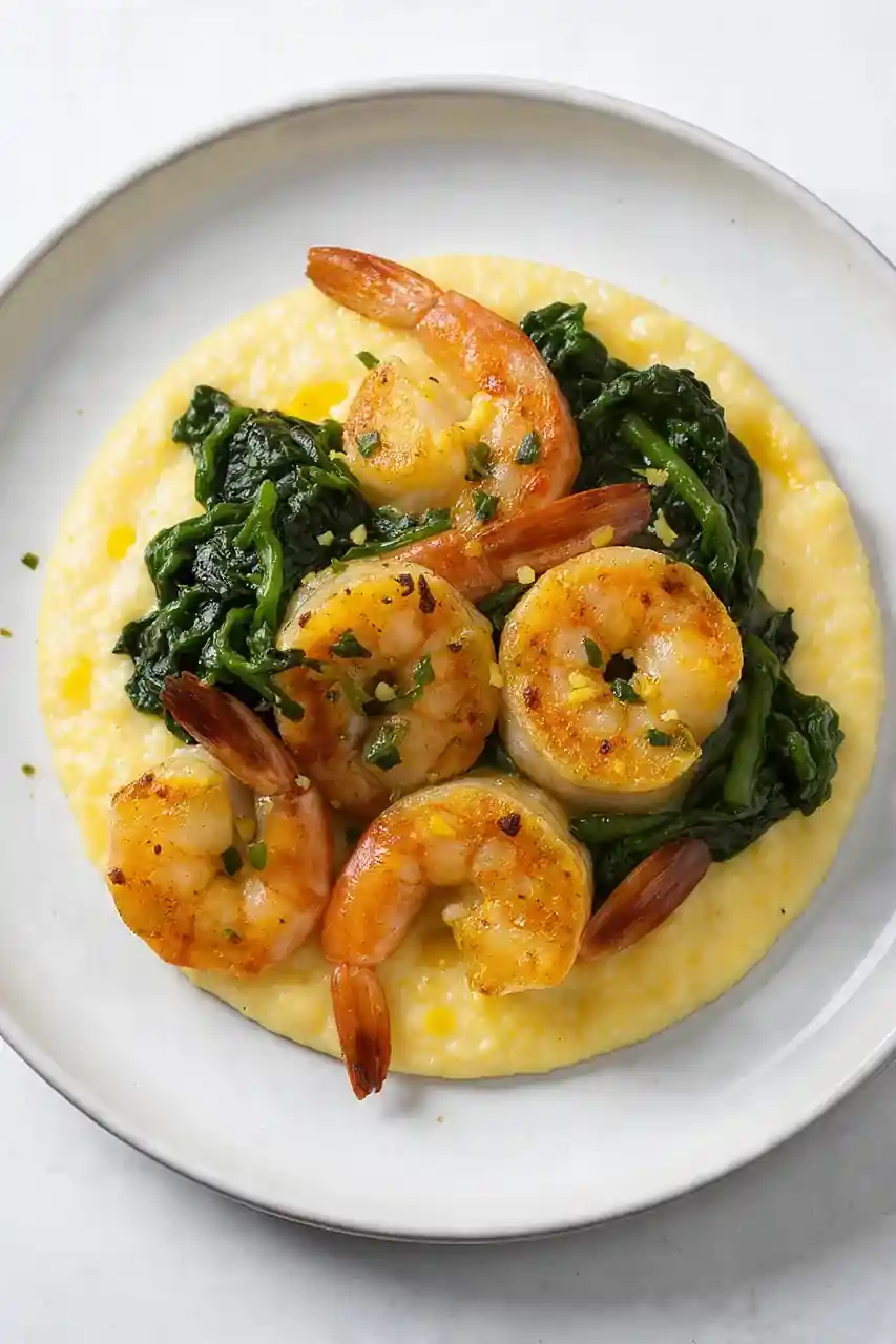 Lemon Garlic Shrimp with Creamy Polenta and Sauteed Spinach
