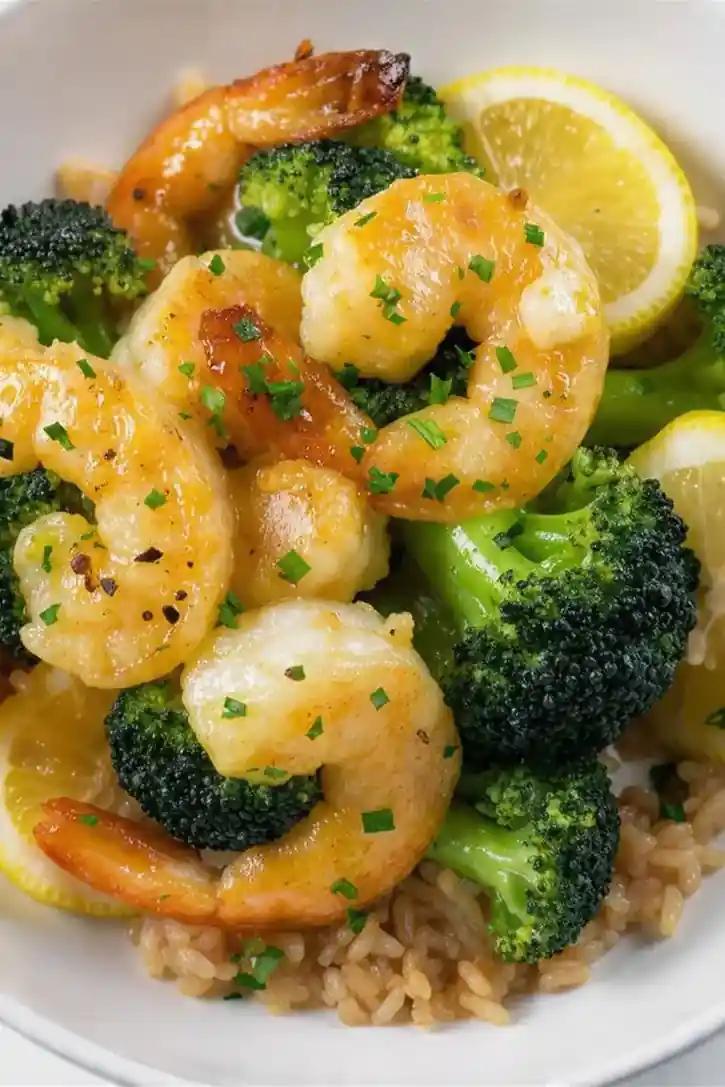Lemon Garlic Shrimp with Roasted Broccoli and Brown Rice