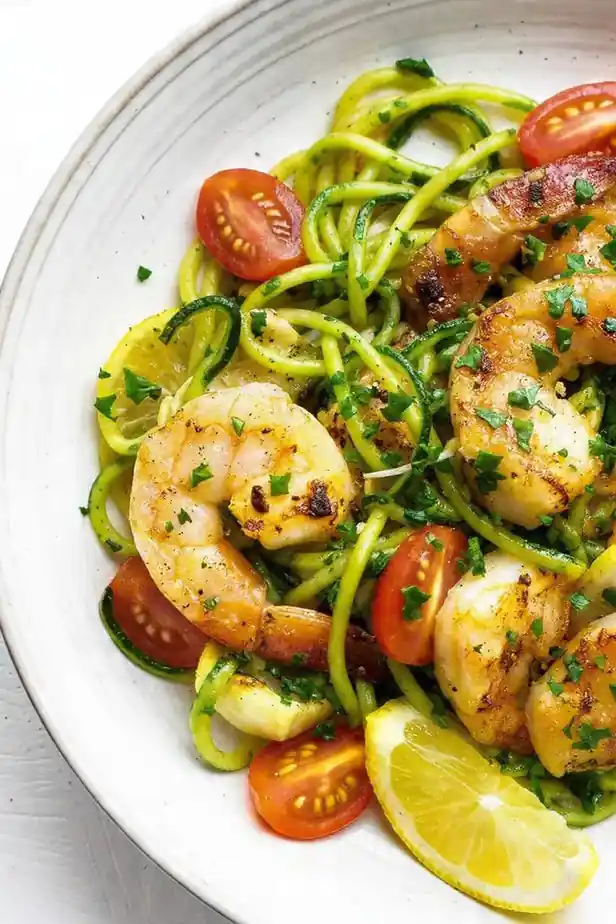 Lemon Garlic Shrimp with Zucchini Noodles and Cherry Tomatoes