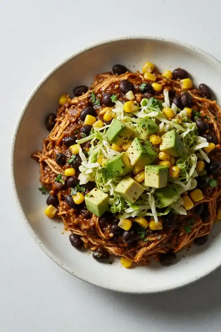 Smoky Black Bean Pulled Chicken with Corn and Avocado Slaw